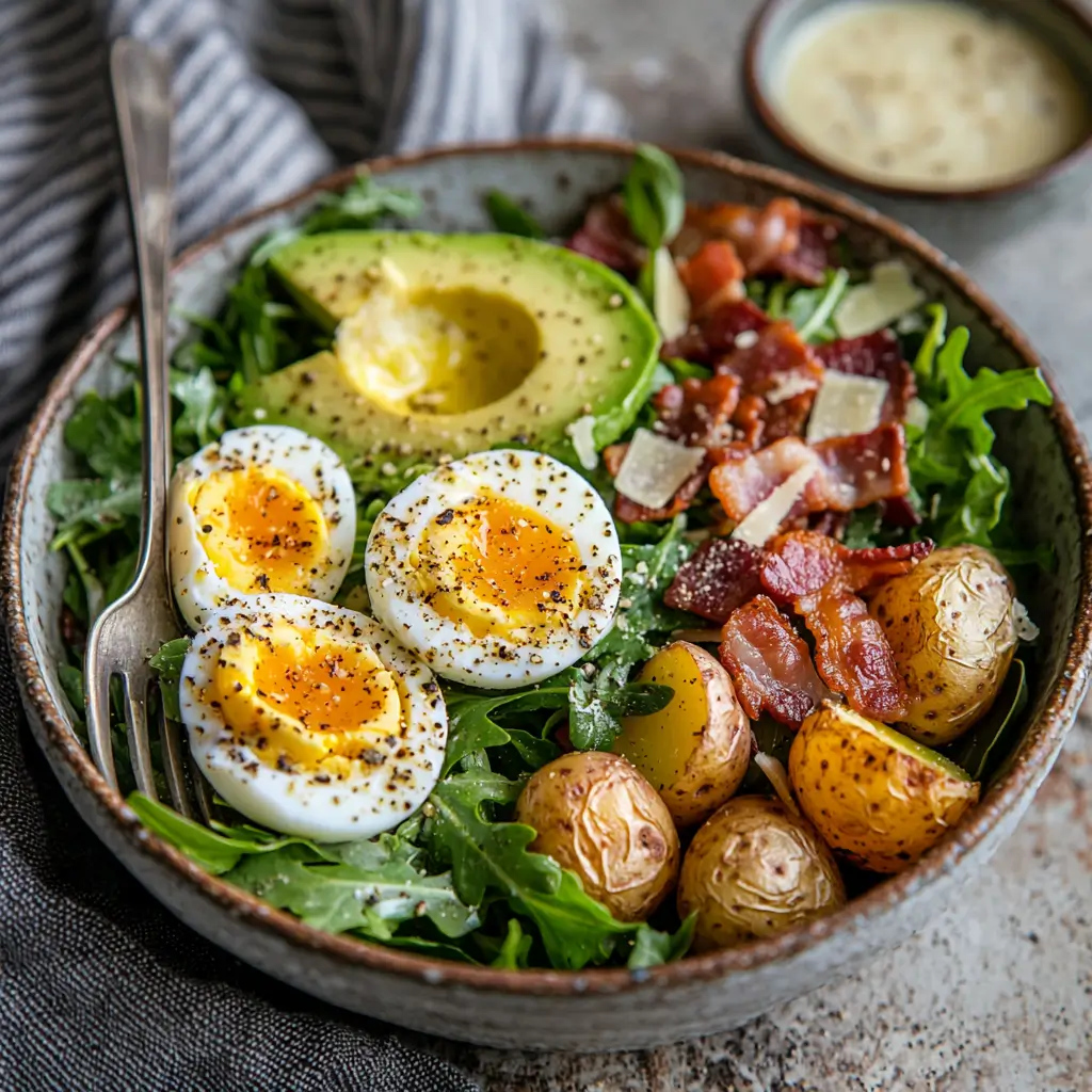 A vibrant breakfast salad topped with eggs, avocado, and fresh veggies.