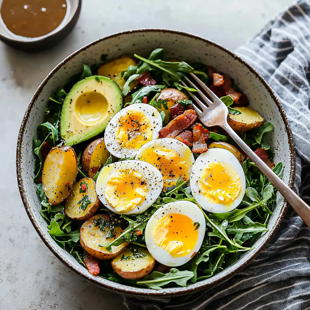 A vibrant breakfast salad topped with eggs, avocado, and fresh veggies.