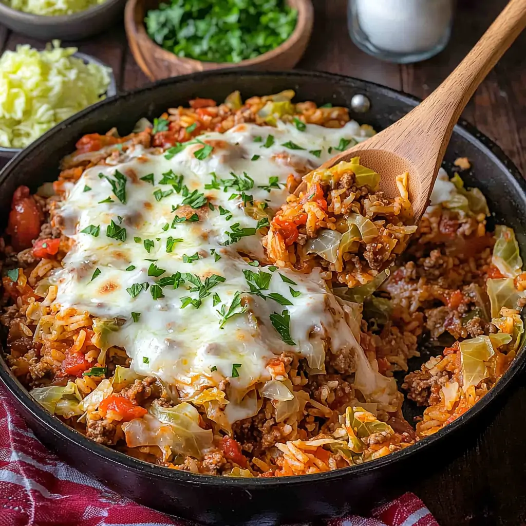 Delicious Unstuffed Cabbage Roll Skillet with ground beef, cabbage, rice, and tomatoes