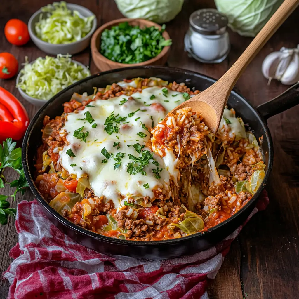 Delicious Unstuffed Cabbage Roll Skillet with ground beef, cabbage, rice, and tomatoes