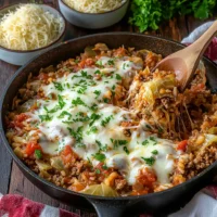 Delicious Unstuffed Cabbage Roll Skillet with ground beef, cabbage, rice, and tomatoes