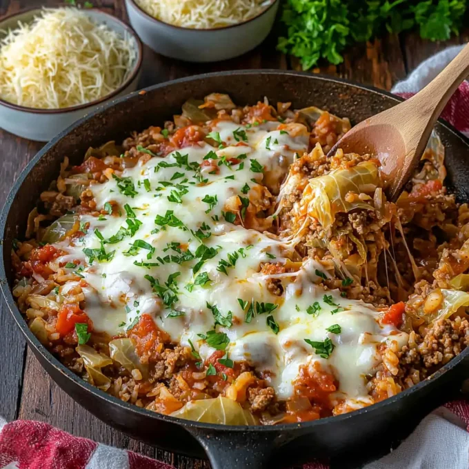 Delicious Unstuffed Cabbage Roll Skillet with ground beef, cabbage, rice, and tomatoes