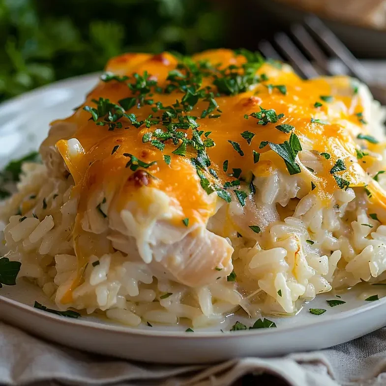 Angel Chicken and Rice Casserole in a white baking dish, topped with melted cheese