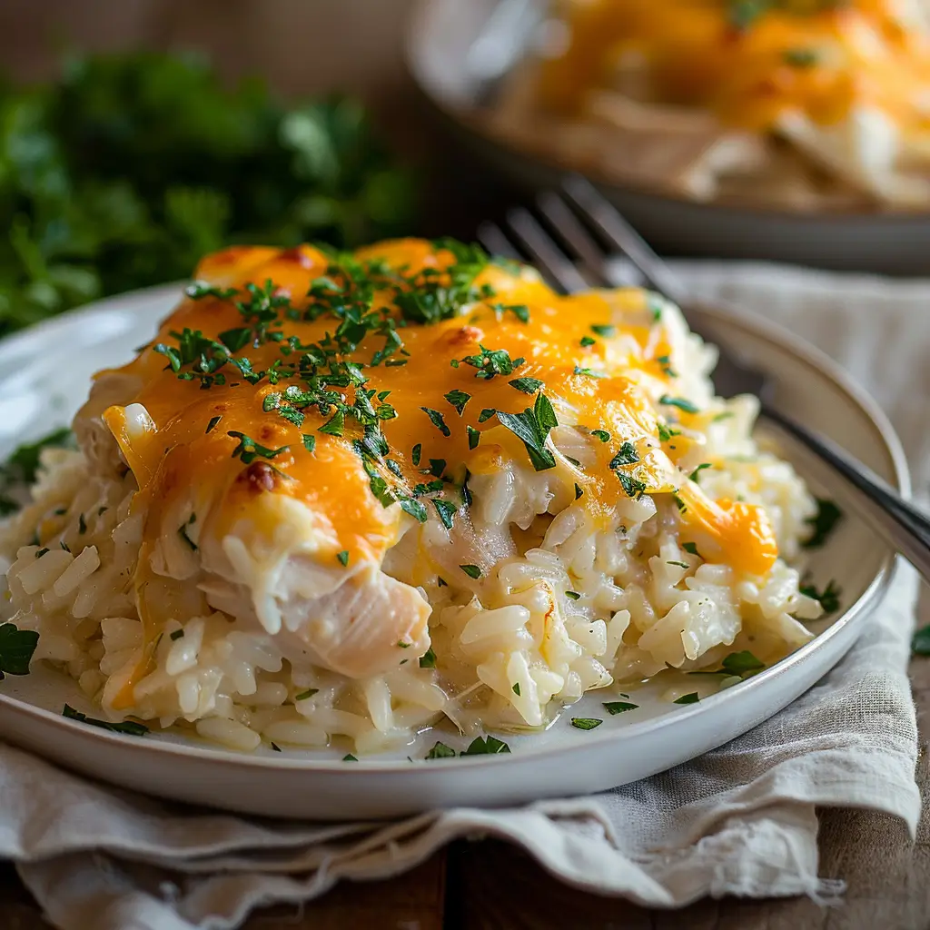 Angel Chicken and Rice Casserole in a white baking dish, topped with melted cheese