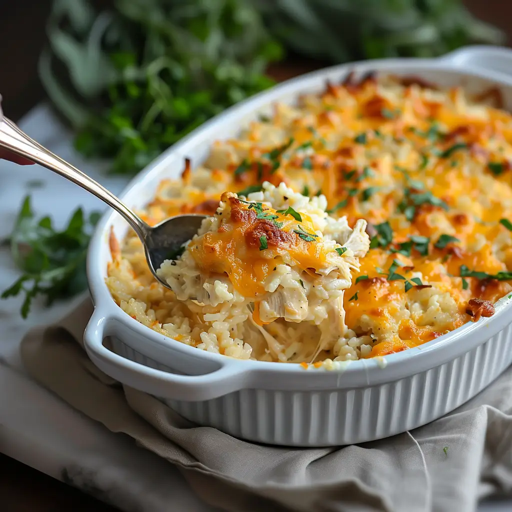 Angel Chicken and Rice Casserole in a white baking dish, topped with melted cheese