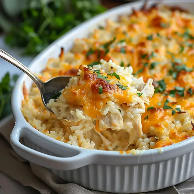 Angel Chicken and Rice Casserole in a white baking dish, topped with melted cheese