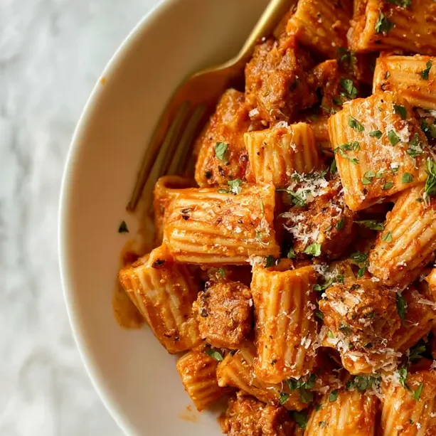 Spicy Sausage Rigatoni with Cream Sauce topped with parmesan and fresh basil on a white plate