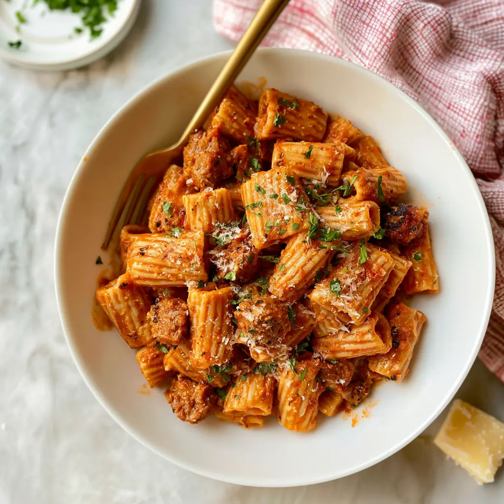 Spicy Sausage Rigatoni with Cream Sauce topped with parmesan and fresh basil on a white plate