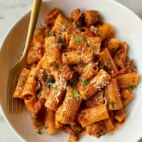 Spicy Sausage Rigatoni with Cream Sauce topped with parmesan and fresh basil on a white plate