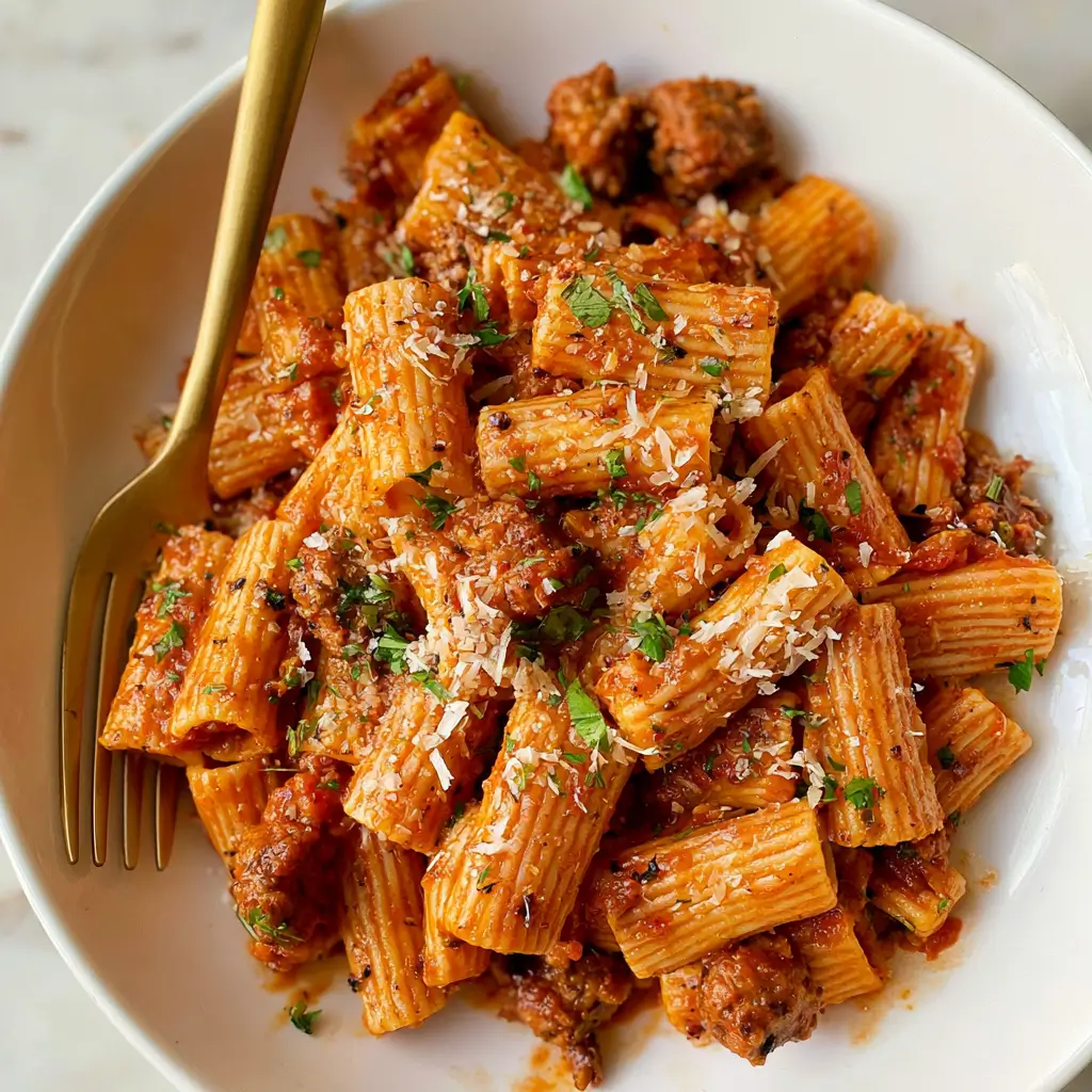 Spicy Sausage Rigatoni with Cream Sauce topped with parmesan and fresh basil on a white plate