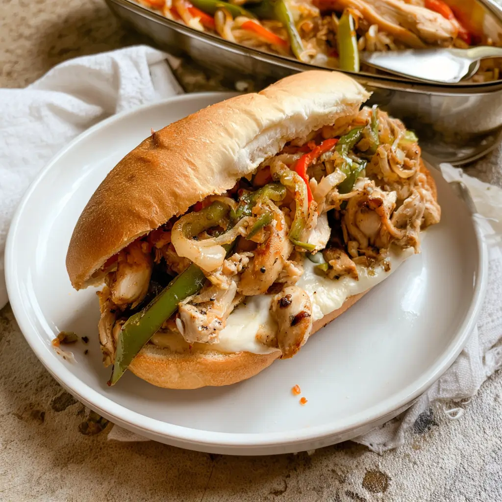 Chicken Philly Sandwich filled with peppers, onions, and melted cheese on a hoagie roll