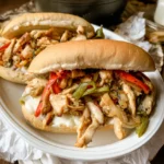 Chicken Philly Sandwich filled with peppers, onions, and melted cheese on a hoagie roll