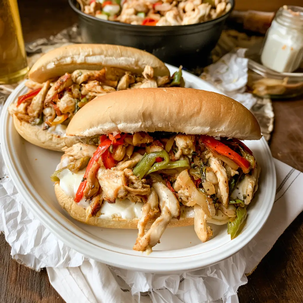 Chicken Philly Sandwich filled with peppers, onions, and melted cheese on a hoagie roll