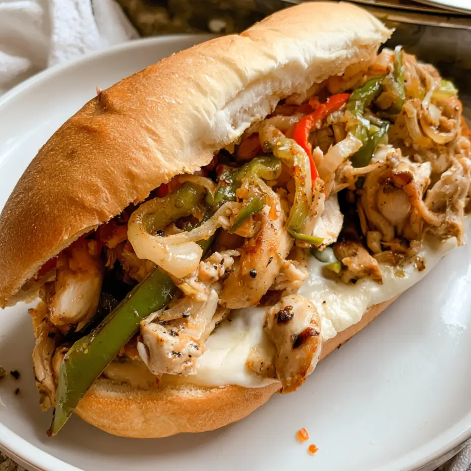 Chicken Philly Sandwich filled with peppers, onions, and melted cheese on a hoagie roll
