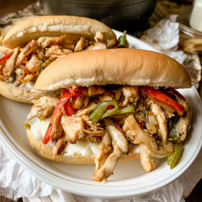 Chicken Philly Sandwich filled with peppers, onions, and melted cheese on a hoagie roll