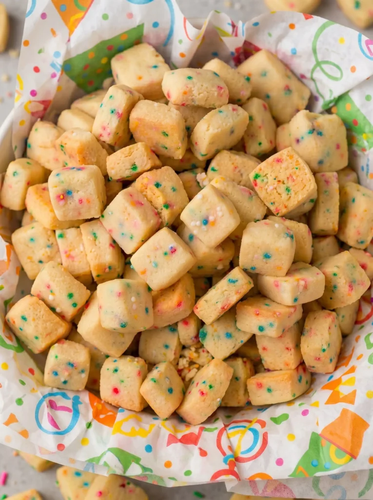 Christmas Shortbread Cookie Bites with festive sprinkles spilling from a red bowl