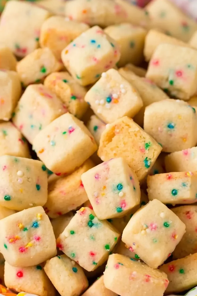 Christmas Shortbread Cookie Bites with festive sprinkles spilling from a red bowl