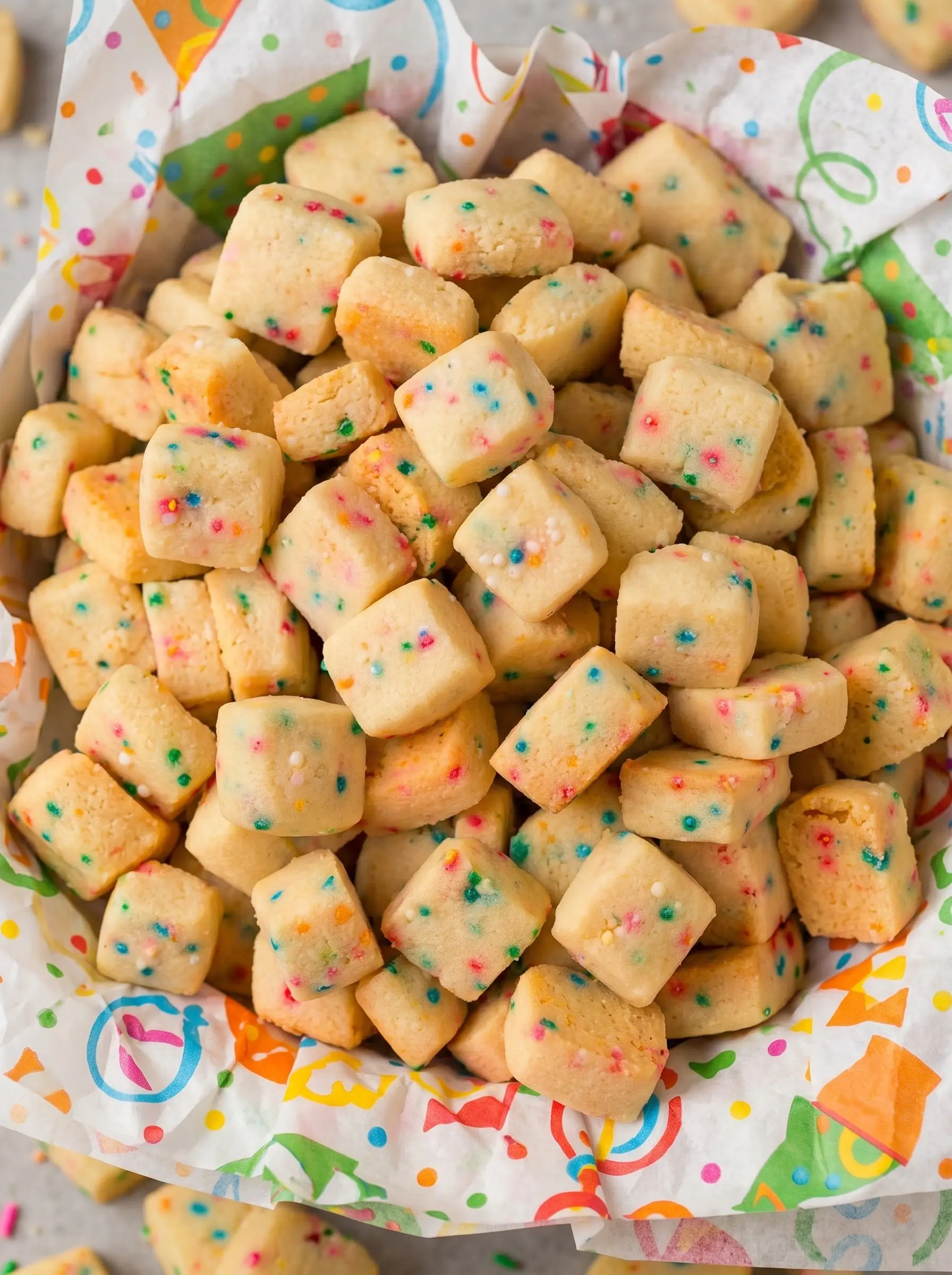 Christmas Shortbread Cookie Bites with festive sprinkles spilling from a red bowl