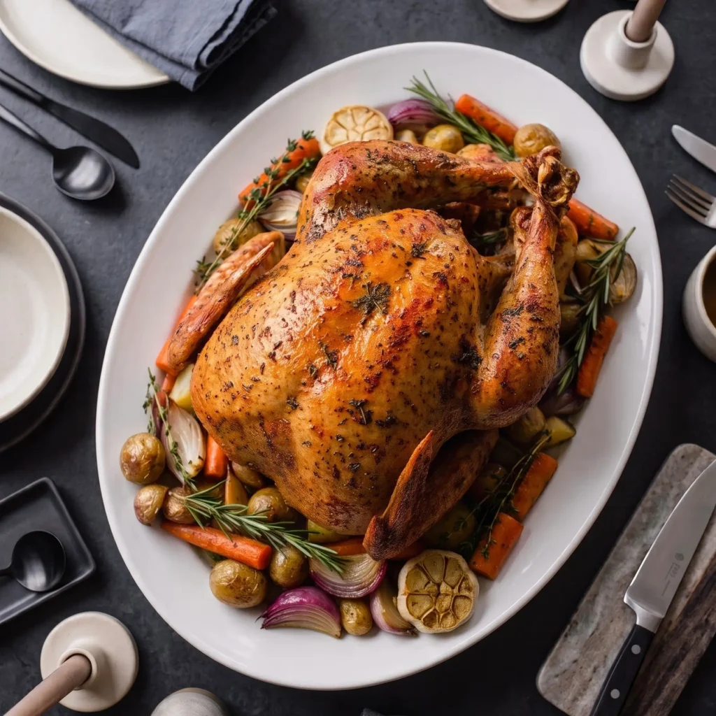 Golden roast turkey garnished with lemon, cranberries, and fresh herbs on a white platter