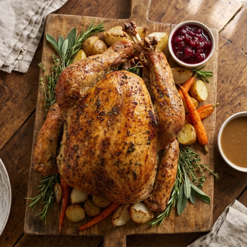 Golden roast turkey garnished with lemon, cranberries, and fresh herbs on a white platter