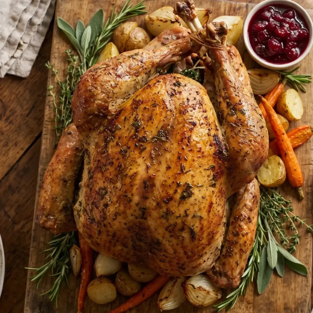 Golden roast turkey garnished with lemon, cranberries, and fresh herbs on a white platter