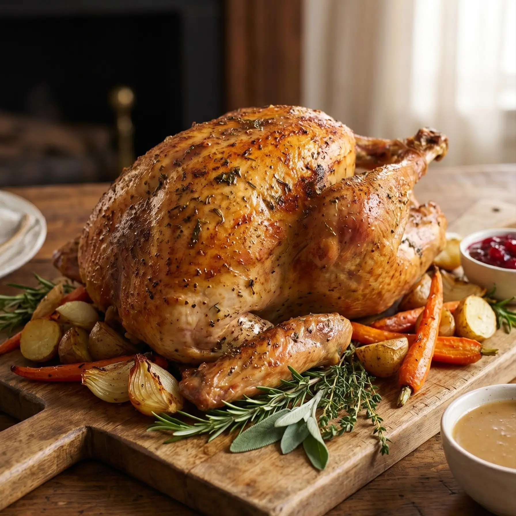 Golden roast turkey garnished with lemon, cranberries, and fresh herbs on a white platter