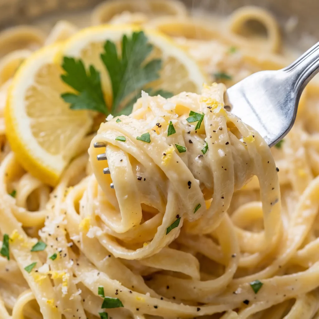 Lemon Garlic Cream Fettuccine twirled on a fork in a bowl with lemon slices and fresh parsley