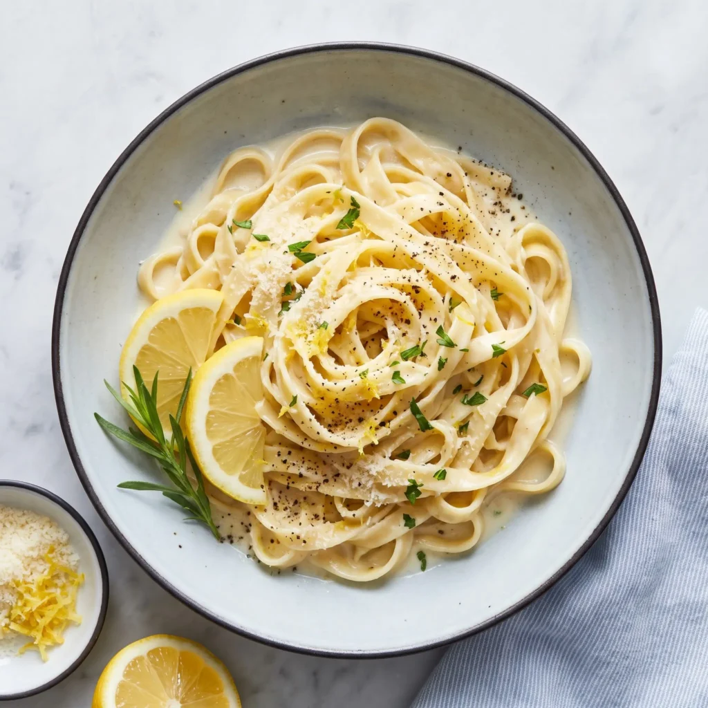 Lemon Garlic Cream Fettuccine twirled on a fork in a bowl with lemon slices and fresh parsley