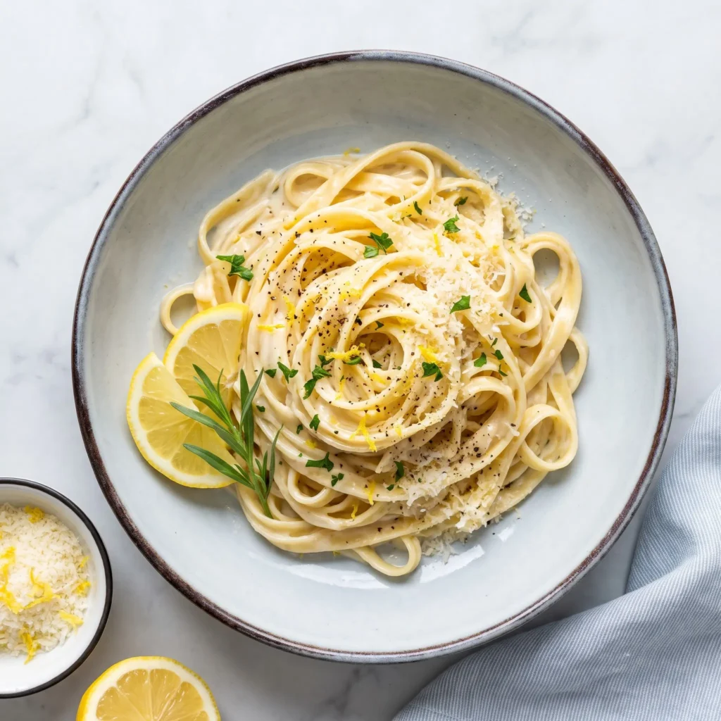 Lemon Garlic Cream Fettuccine twirled on a fork in a bowl with lemon slices and fresh parsley