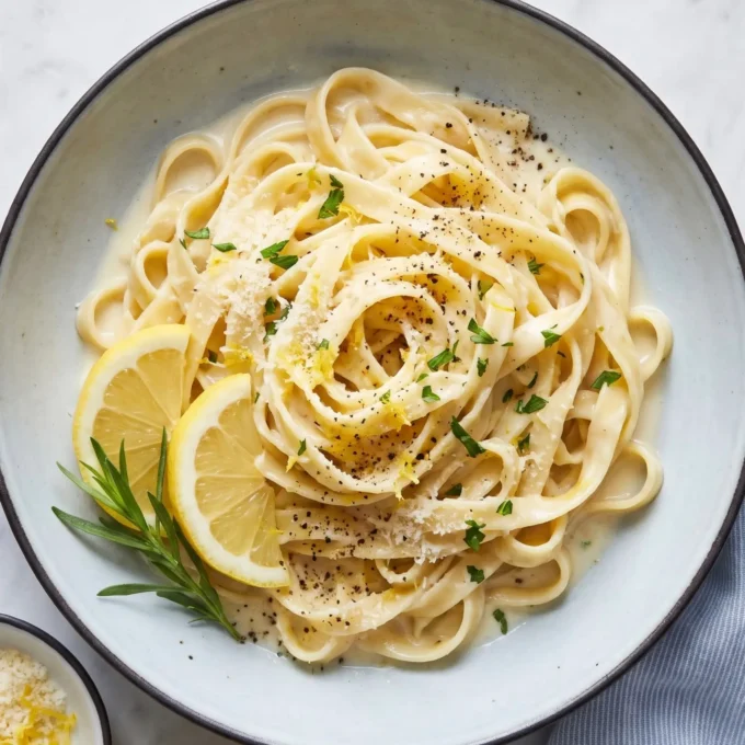 Lemon Garlic Cream Fettuccine twirled on a fork in a bowl with lemon slices and fresh parsley