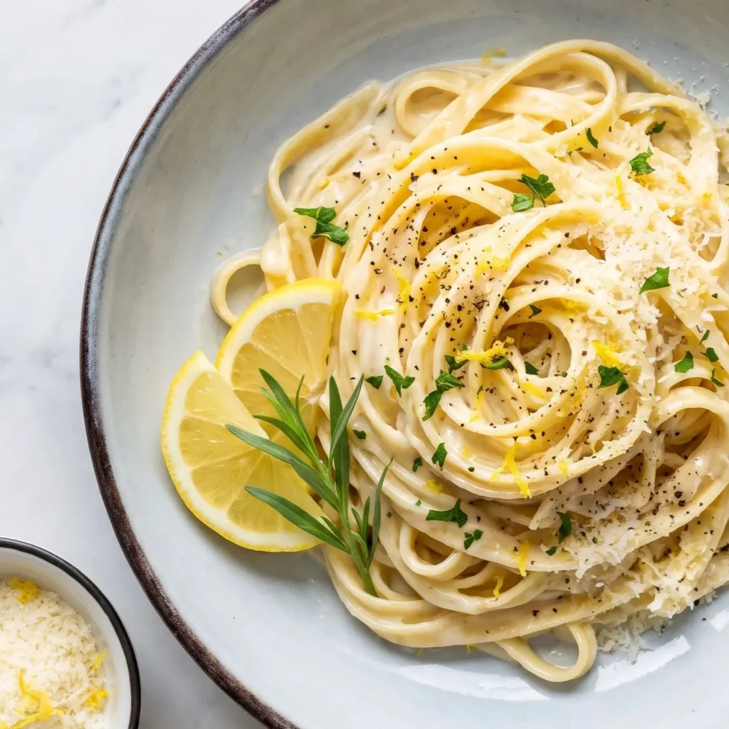 Lemon Garlic Cream Fettuccine twirled on a fork in a bowl with lemon slices and fresh parsley
