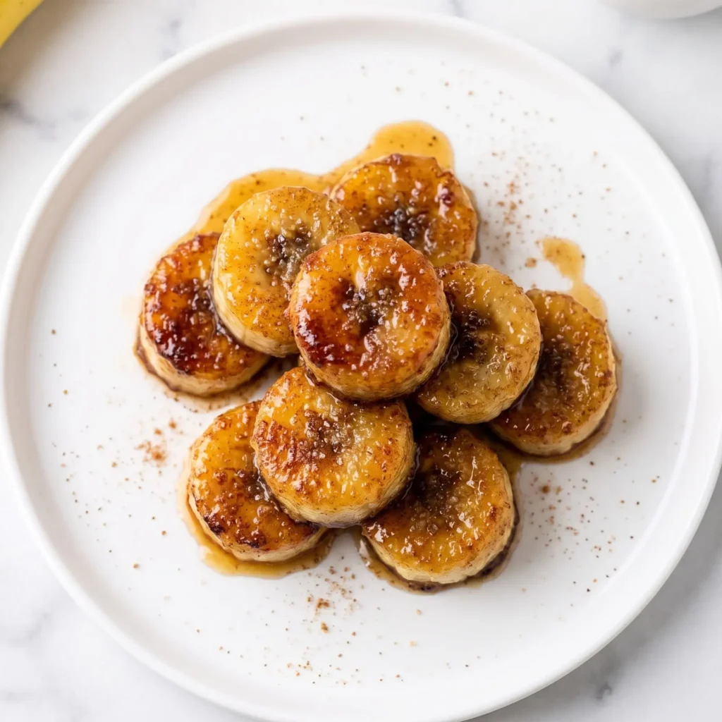 Pan Fried Cinnamon Bananas golden and caramelized on a white plate dusted with powdered sugar
