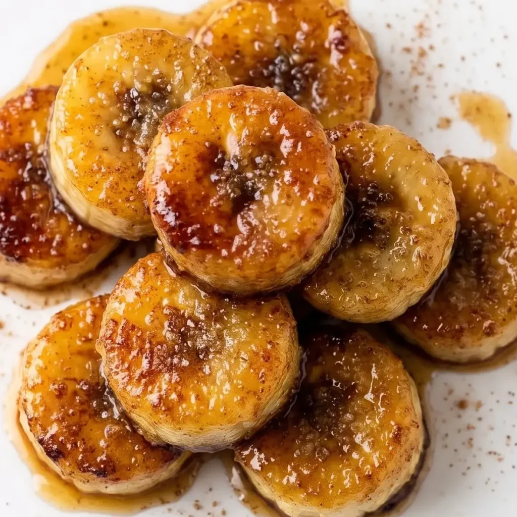 Pan Fried Cinnamon Bananas golden and caramelized on a white plate dusted with powdered sugar