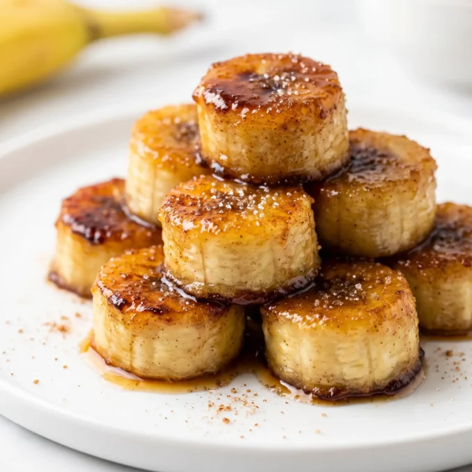 Pan Fried Cinnamon Bananas golden and caramelized on a white plate dusted with powdered sugar