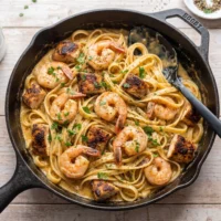 Cajun Chicken and Shrimp Alfredo pasta with creamy sauce in a black skillet