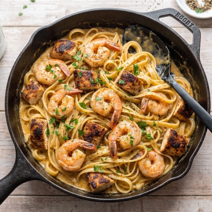 Cajun Chicken and Shrimp Alfredo pasta with creamy sauce in a black skillet