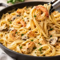 Creamy Chicken and Shrimp Alfredo pasta with tender chicken, shrimp, and rich sauce.