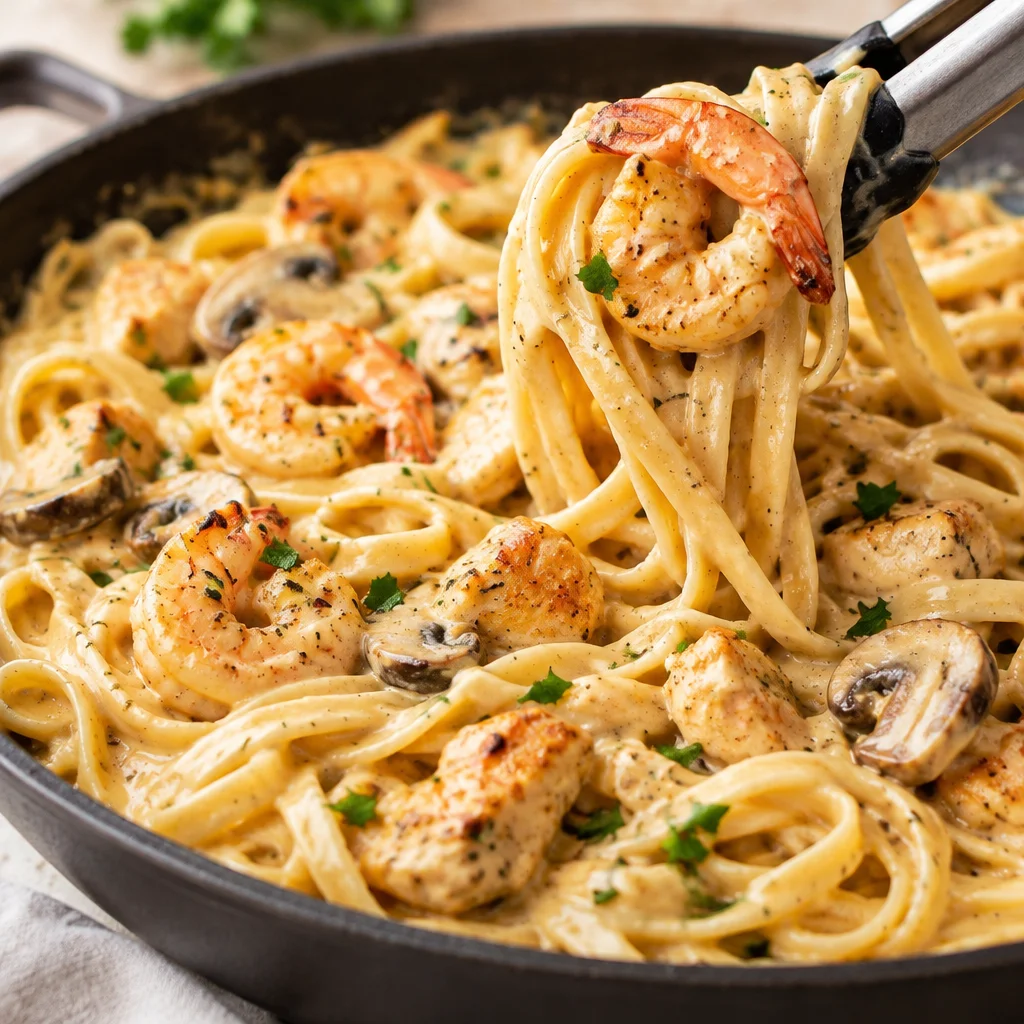 Creamy Chicken and Shrimp Alfredo pasta with tender chicken, shrimp, and rich sauce.