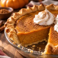 Eagle Brand Pumpkin Pie topped with whipped cream, perfect for Thanksgiving desserts.