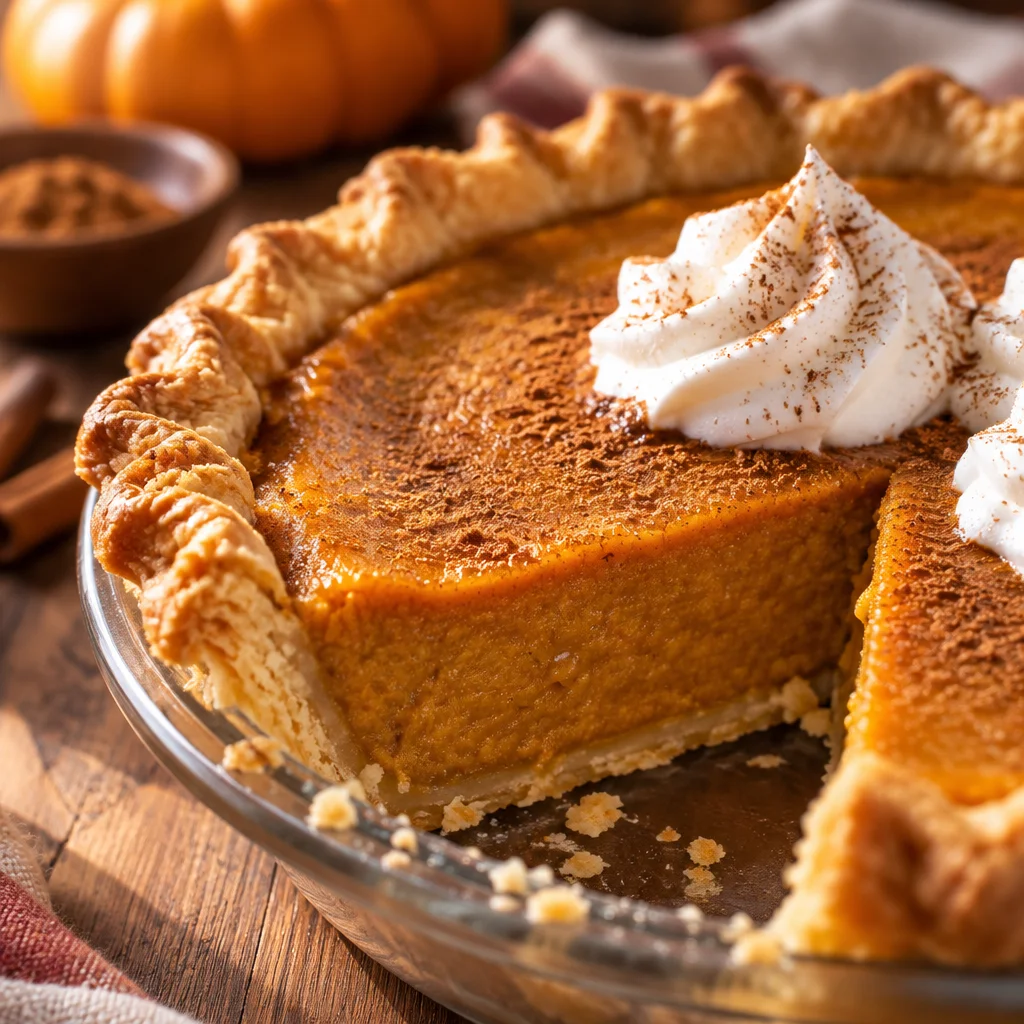 Eagle Brand Pumpkin Pie topped with whipped cream, perfect for Thanksgiving desserts.
