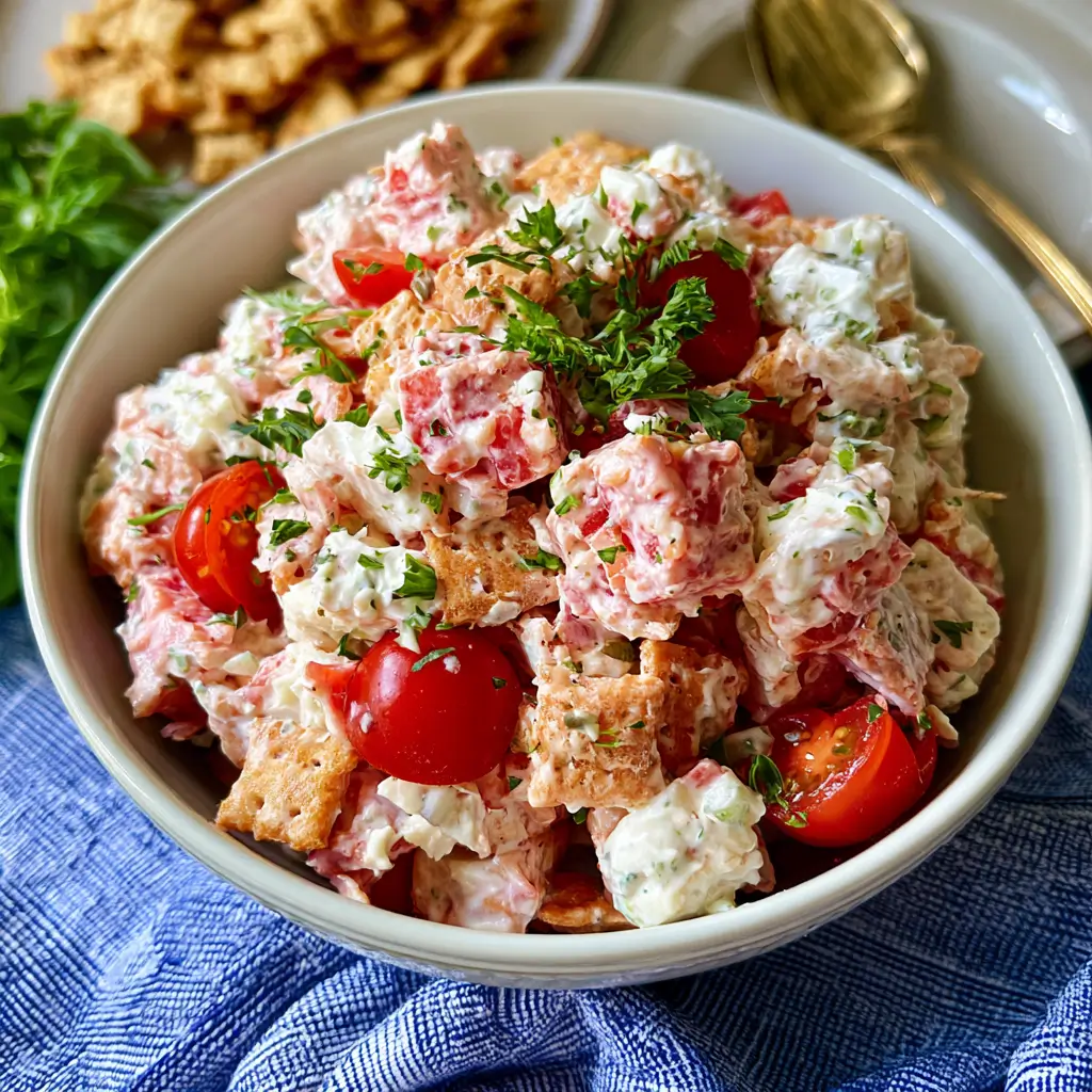 Georgia Cracker Salad with tomatoes and crushed saltines in a white bowl, garnished with parsley