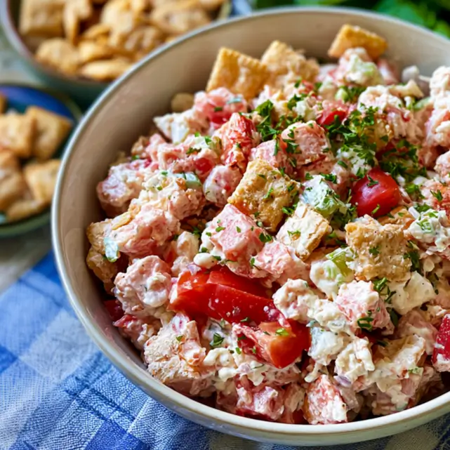 Georgia Cracker Salad with tomatoes and crushed saltines in a white bowl, garnished with parsley