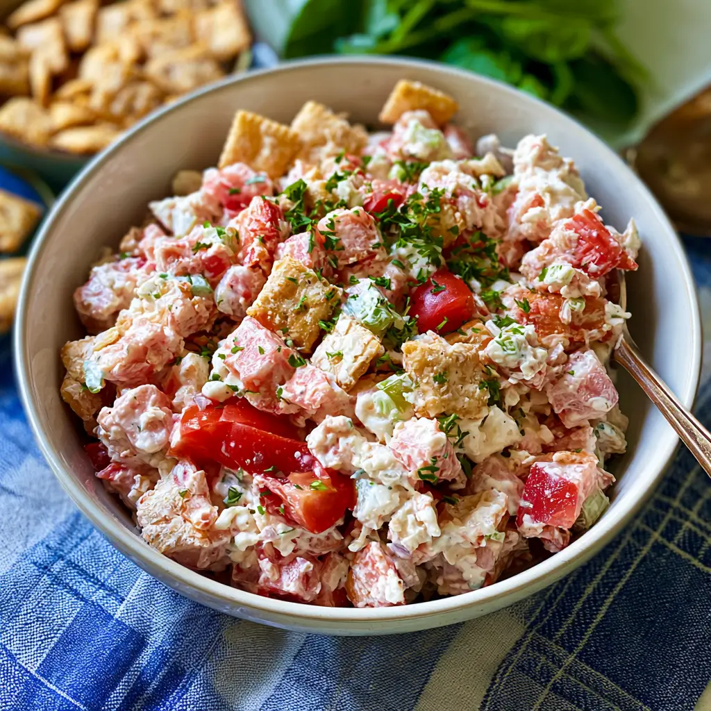 Georgia Cracker Salad with tomatoes and crushed saltines in a white bowl, garnished with parsley