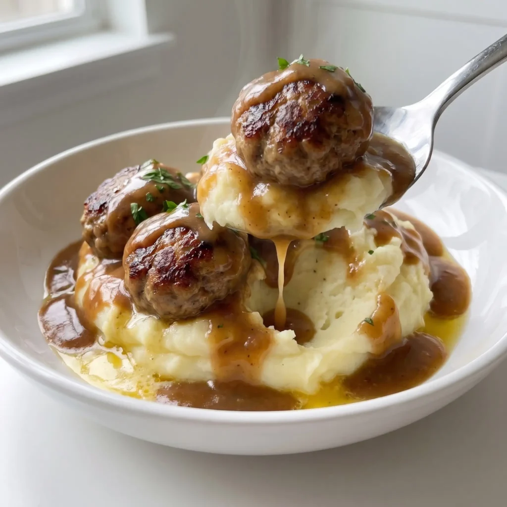 Juicy meatballs served over creamy mashed potatoes with pan sauce and fresh parsley on a white plate