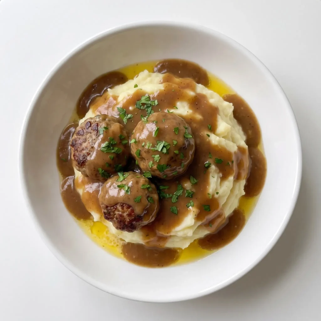 Juicy meatballs served over creamy mashed potatoes with pan sauce and fresh parsley on a white plate