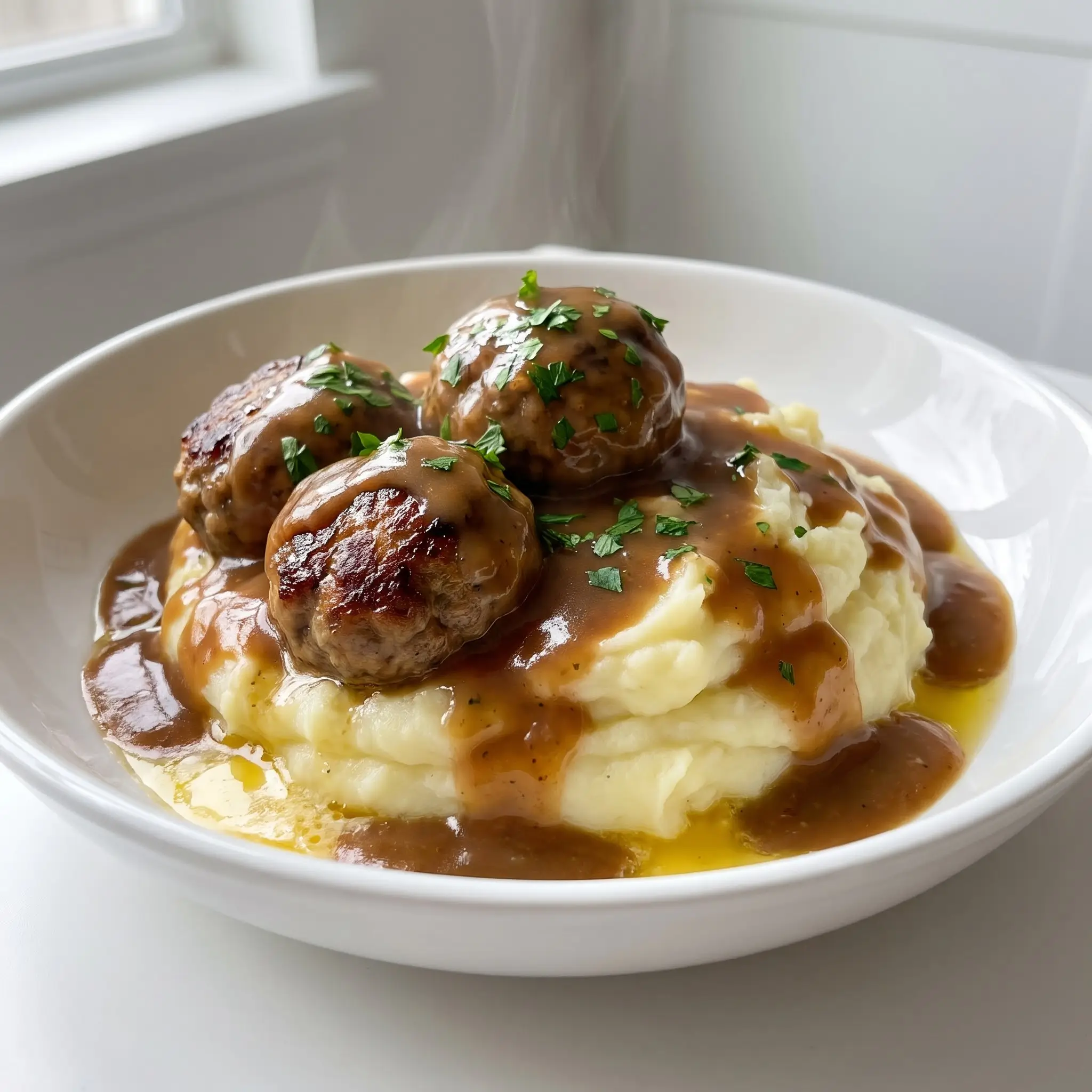 Juicy meatballs served over creamy mashed potatoes with pan sauce and fresh parsley on a white plate