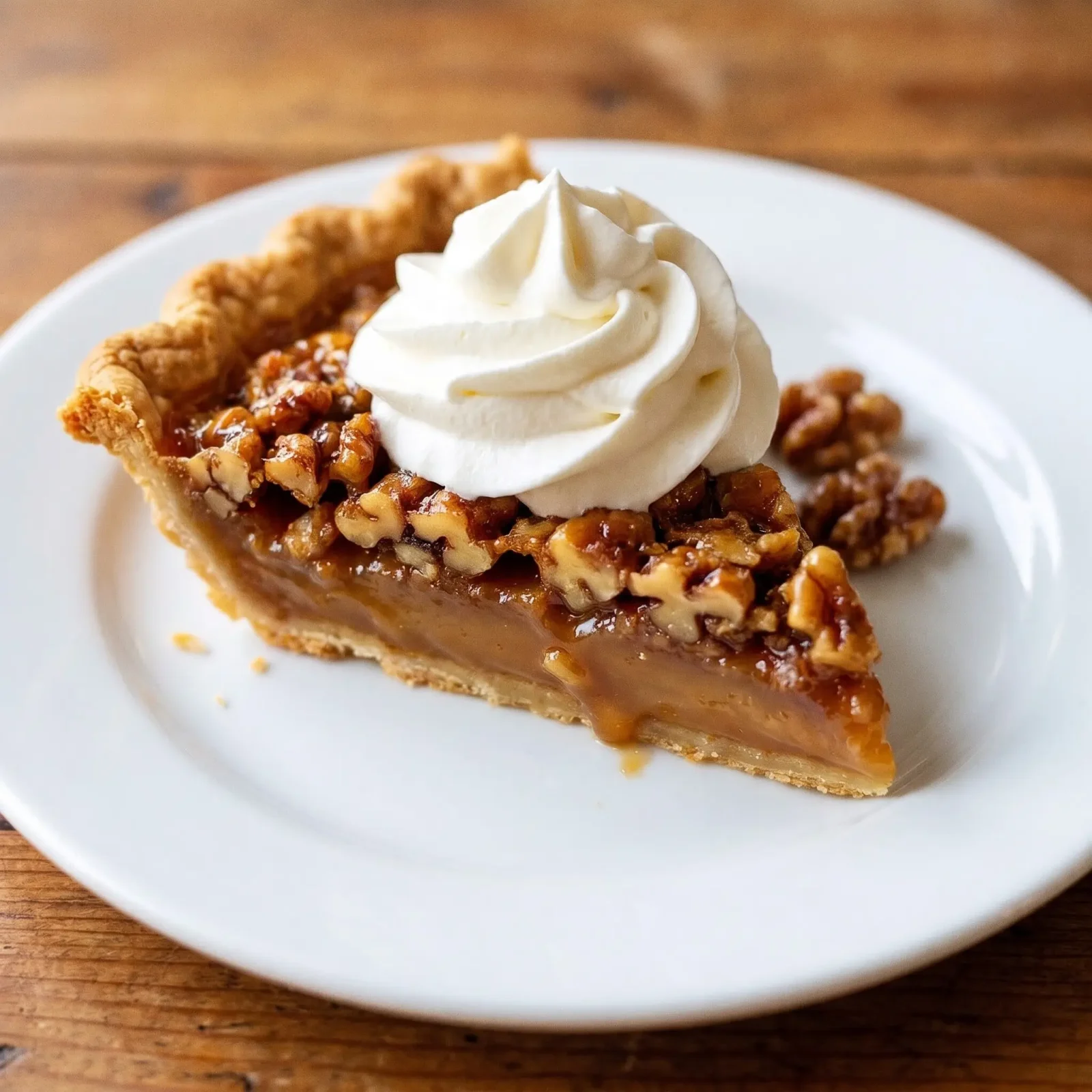Old-Fashioned Southern Walnut Pie with a sweet filling and flaky crust topped with walnuts.
