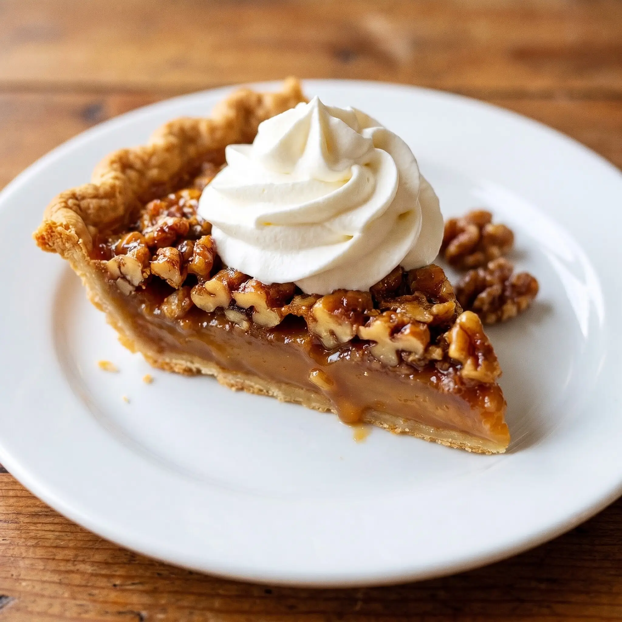 Old-Fashioned Southern Walnut Pie with a sweet filling and flaky crust topped with walnuts.