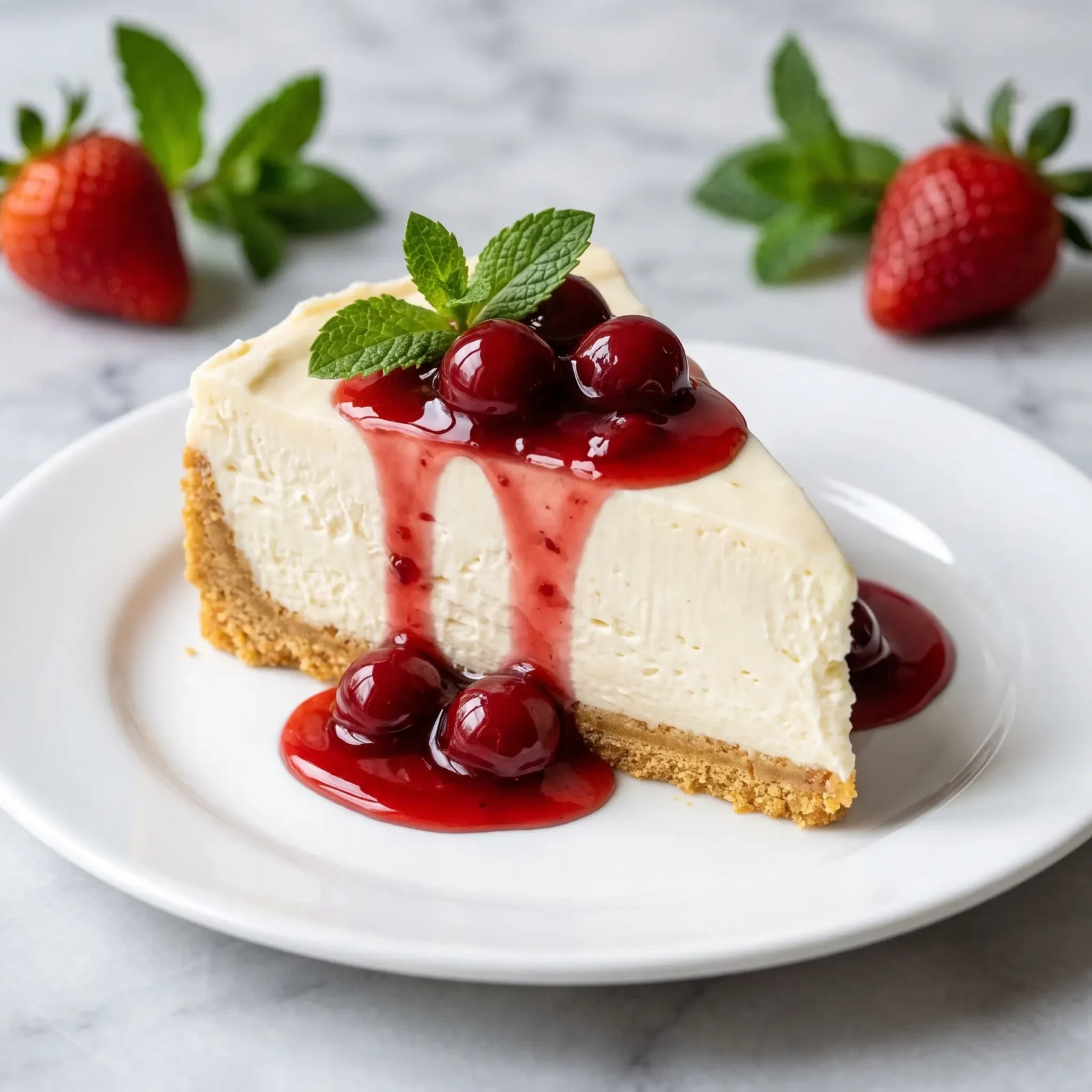 Slice of Philadelphia No-Bake Cheesecake on a plate topped with berry sauce