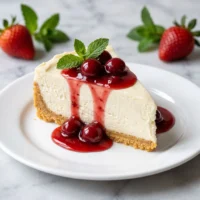 Slice of Philadelphia No-Bake Cheesecake on a plate topped with berry sauce